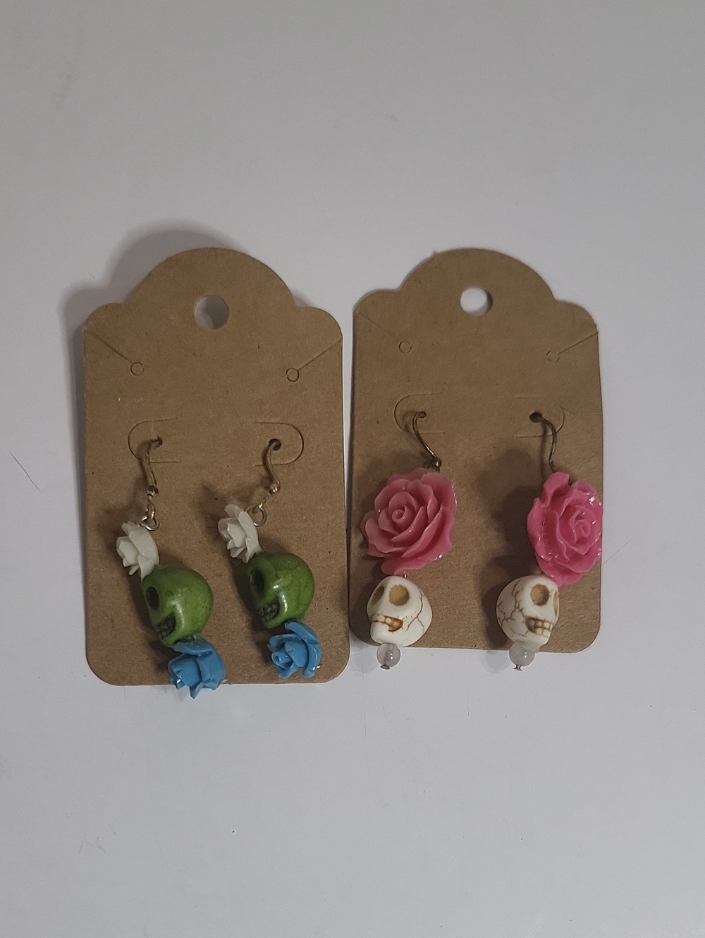 Handmade Floral & Skull Drop Earrings - Pink, Green, Blue
